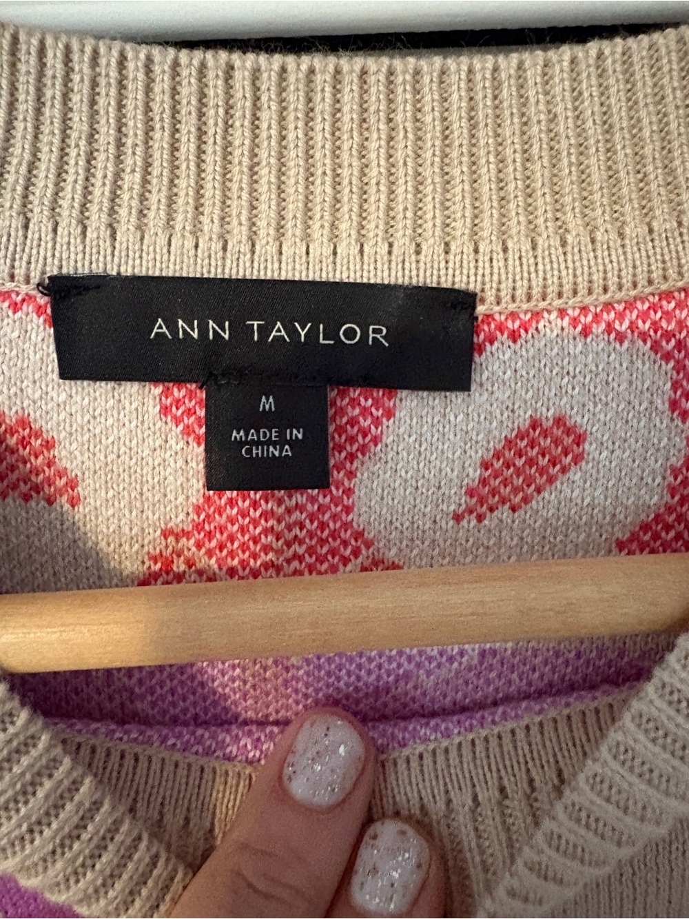 Ann Taylor Beige Knit Top with Red & Purple Floral Jacquard - Picture 2 of 4
